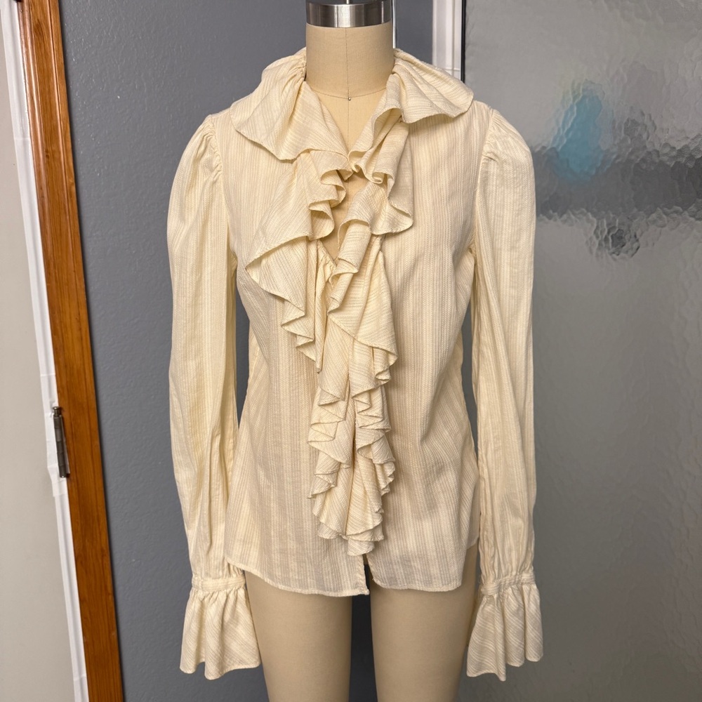 EUC Ralph Lauren Blue Label White Cream Top Pinstripe Striped Ruffle Top Shirt S